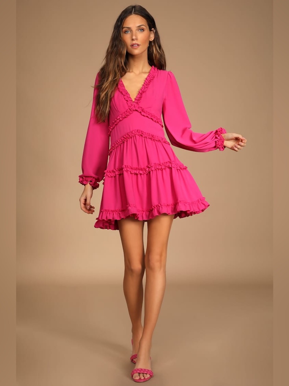 Lulus Simply Darling Magenta Ruffled Long Sleeve Mini Dress